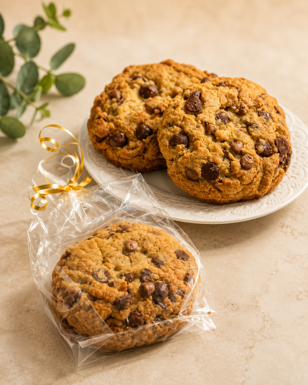 Freshly baked New York-style cookies with a crisp golden edge, a soft chewy centre & plenty of chocolate chips!.